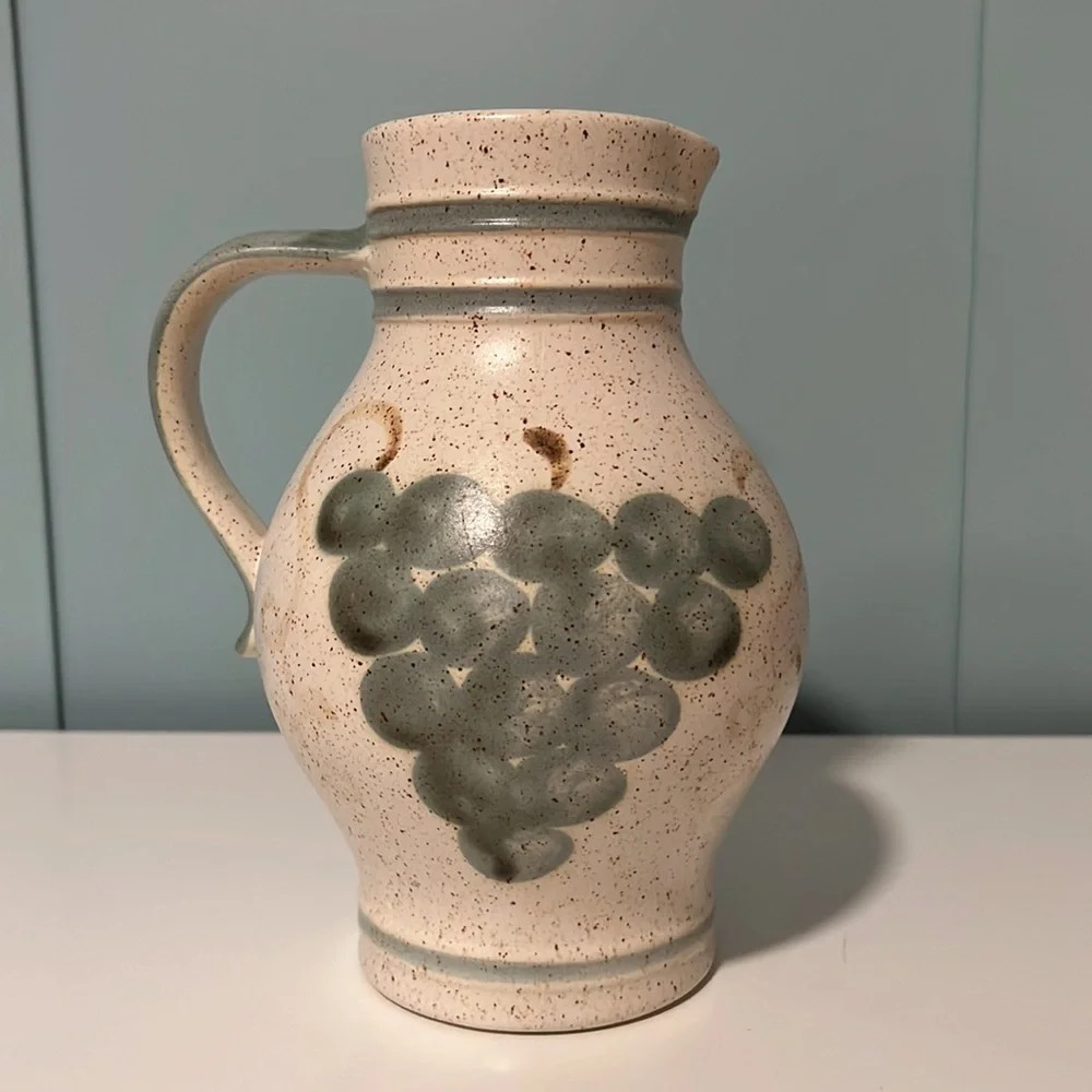 Vintage‎ German Salt Glaze Handerbeit 1L Blue Floral Design Pitcher.